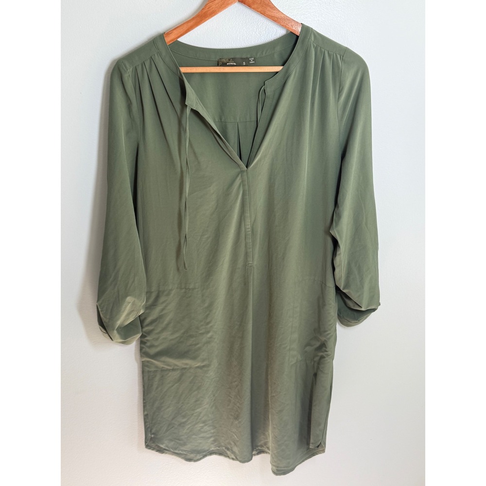 Prana Quinn Dress Olive Green V-Neck Roll Tab Sleeve Recycled Stretch Small